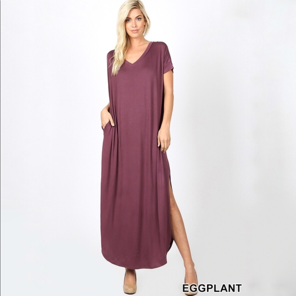 PLUS Eggplant Short Sleeve Pocket Maxi Dress